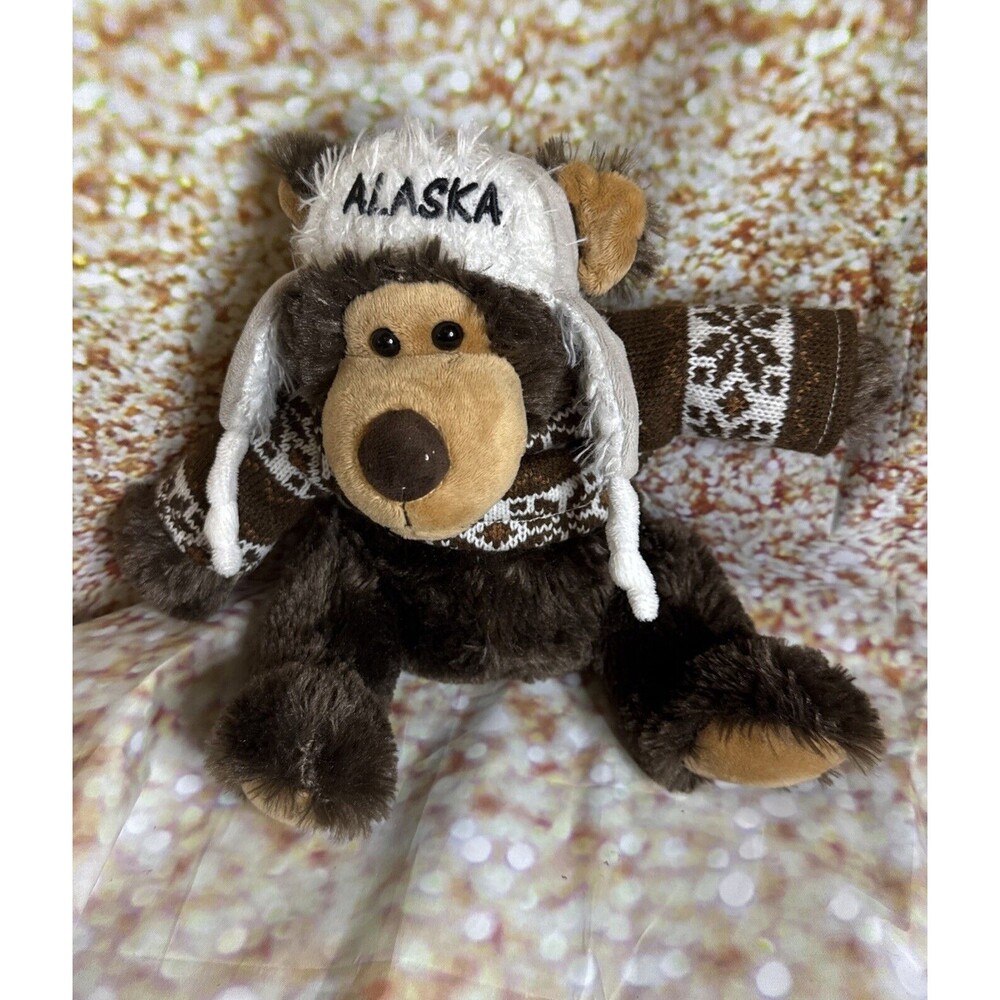 Alaska Stuffed Animal - Plush Brown Bear with hat and sweater - sits 9" tall